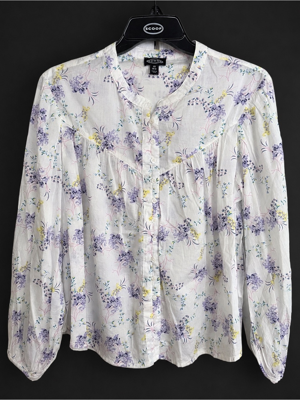 Scoop Womens XS Flowy Blouson Cotton Blouse White Purple Floral Long Sleeve Top - Picture 2 of 13